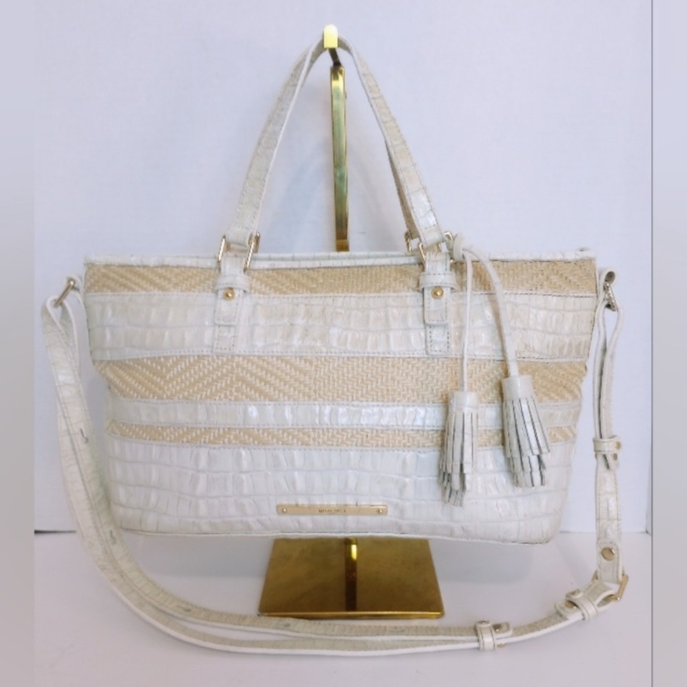 Brahmin Snowball Raffia White & Cream Croc-Trim 3 way-comes with dust bag